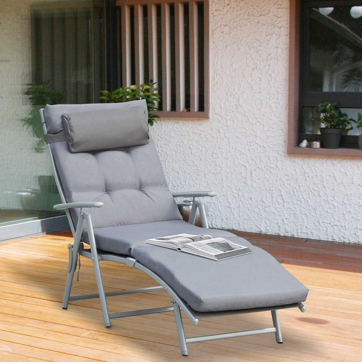 SONNENLIEGE DE-13495 7-fach verstellbar mit Matratze & Armlehnen Grau - Grau, Metall (63/100/137cm) - ComfortXL
