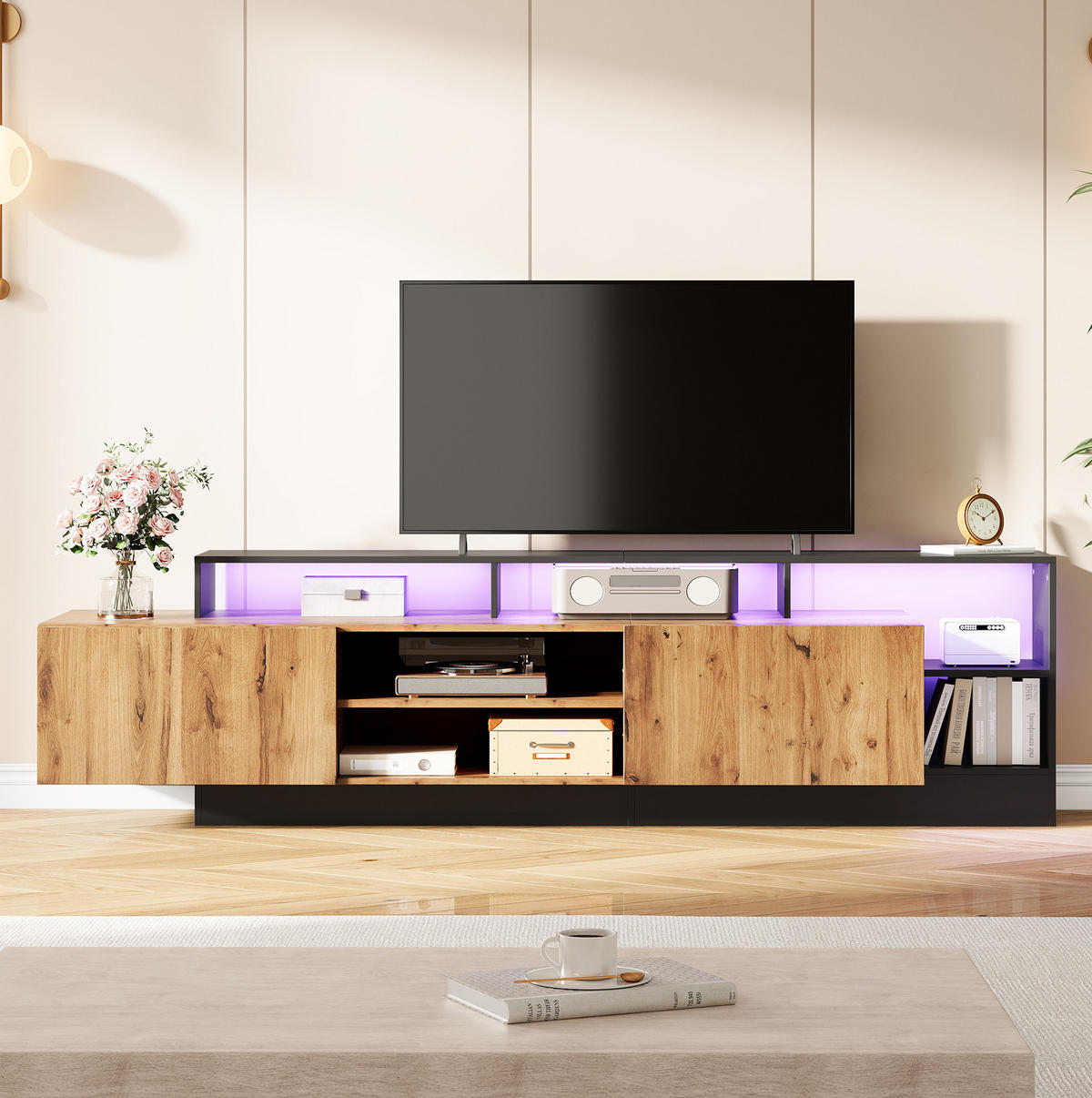 TV-SCHRANK aus Spanplatte 190x40x48,5 cm Eichefarben/Schwarz mit LED-Beleuchtung, viel Stauraum und Klapptüren - Schwarz, Holzwerkstoff (190/48.5/40cm) - Modfu
