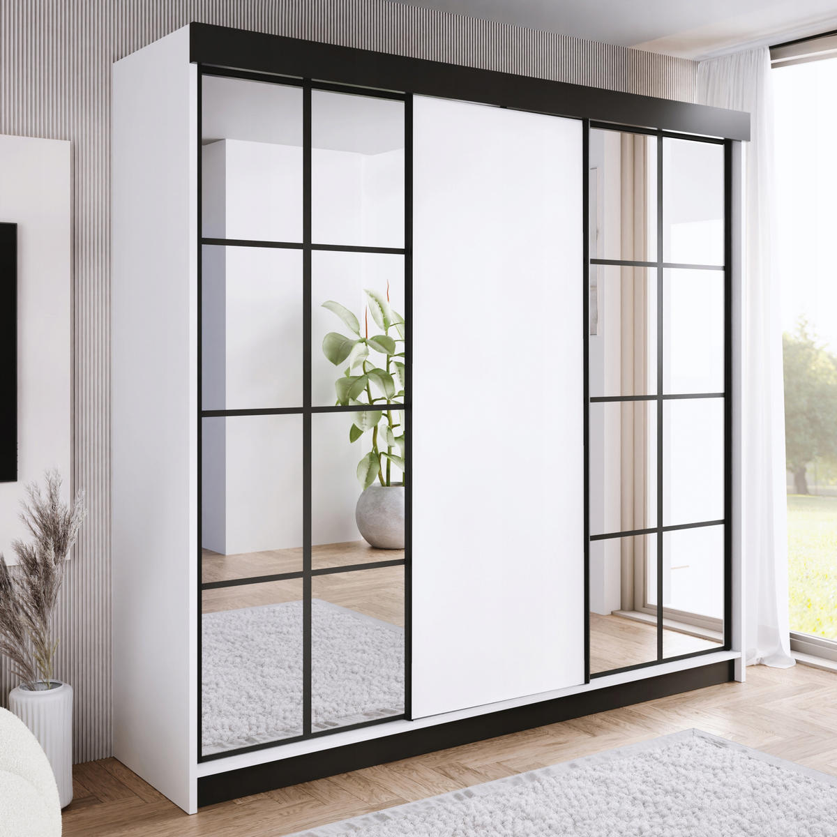 POSUVNÁ ŠATNÍ SKŘÍŇ ARI 2 se zrcadlem 250 - Bílá - bílá, kompozitní dřevo (250/200/62cm) - Kier Furniture