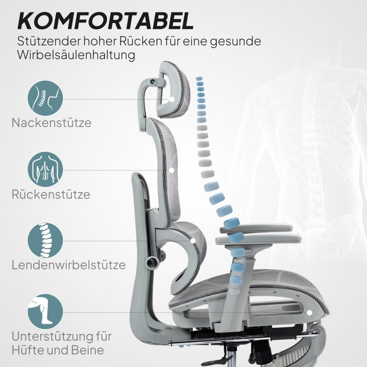 DREHSTUHL 66/64/114-122 cm, ergonomisch verstellbar, neigbar bis 135°, Grau - Grau, Kunststoff (64/122/66cm) - Redom