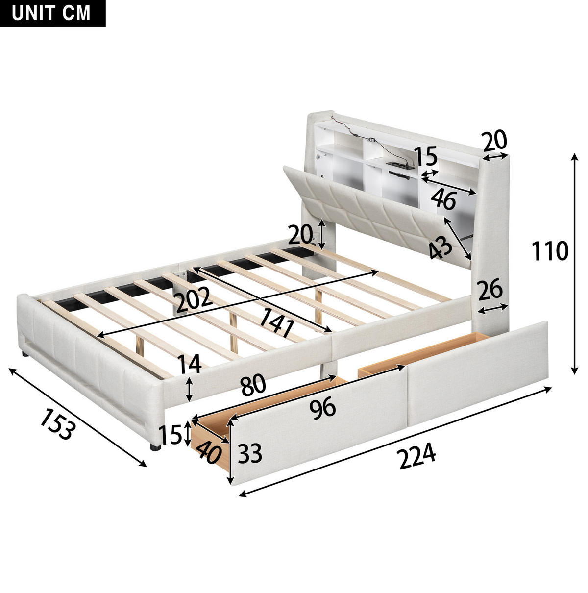 POLSTERBETT aus Leinen und MDF 140x200 cm Beige mit LED-Beleuchtung, USB-Anschluss und Schubladen - Beige, Textil (140/200cm) - IVMEU