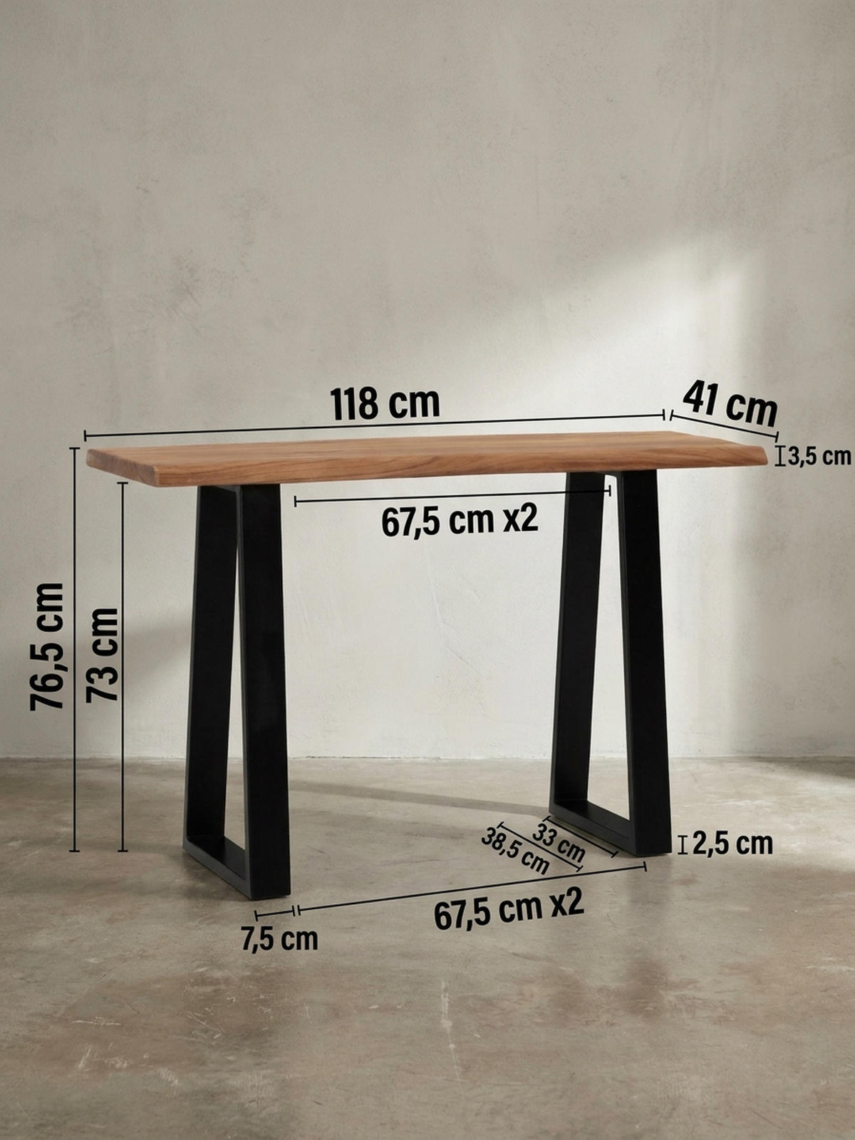 SCHREIBTISCH – Massivholz Akazie, 118x41 cm, Live-Edge Design, schmal - Schwarz/Braun, Holz/Metall (41/118/76cm) - KADIMA DESIGN