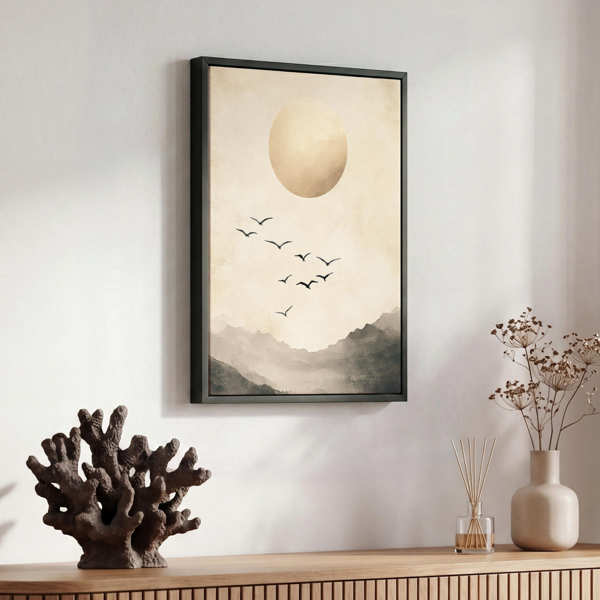 LEINWAND Bilder mit Rahmen - Landschaft - Japandi - Vogel - 30x40 - Beige, Textil (30/40cm) - MuchoWow