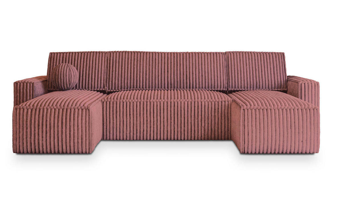 WOHNLANDSCHAFT PESANO T Rosa Kordstoff mit Schlaffunktion - Rosa, Holz (306/85/140cm) - MASSENO