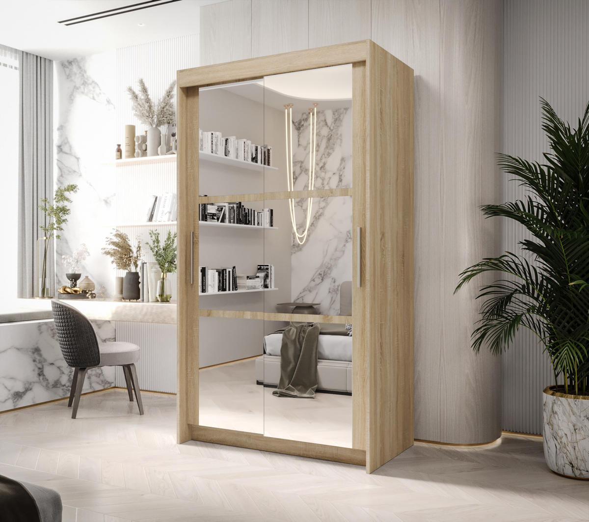 SCHIEBETÜRENSCHRANK BORA, 2-türig Kleiderschrank mit 1 Spiegel, Moderne Garderobe, Schrank in Größe: 100 x 216 x 60 cm - Braun, Holzwerkstoff (100/216/60cm) - O-Sofa