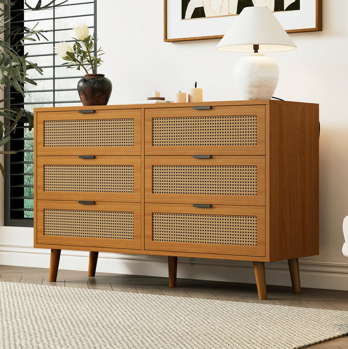 SIDEBOARD 120/40/76,5 cm in Walnuss mit 6 Schubladen und Rattan-Optik - Naturfarben, Holzwerkstoff (120/76.5/40cm) - Flora Grace