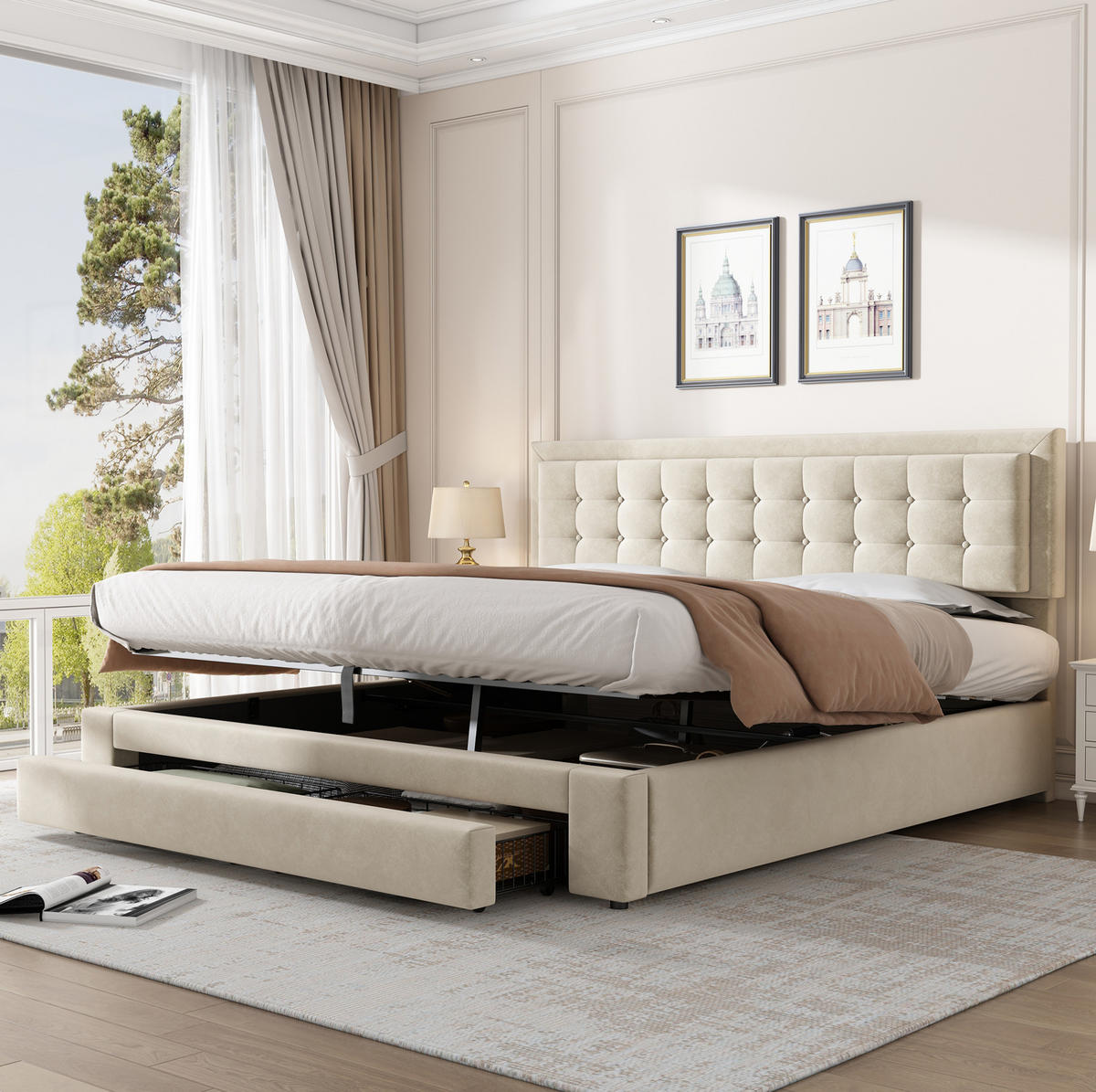 POLSTERBETT 160/200 cm aus Samt mit verstellbarem Kopfteil und Stauraum Beige - Beige, Textil (160/200cm) - Modenvie