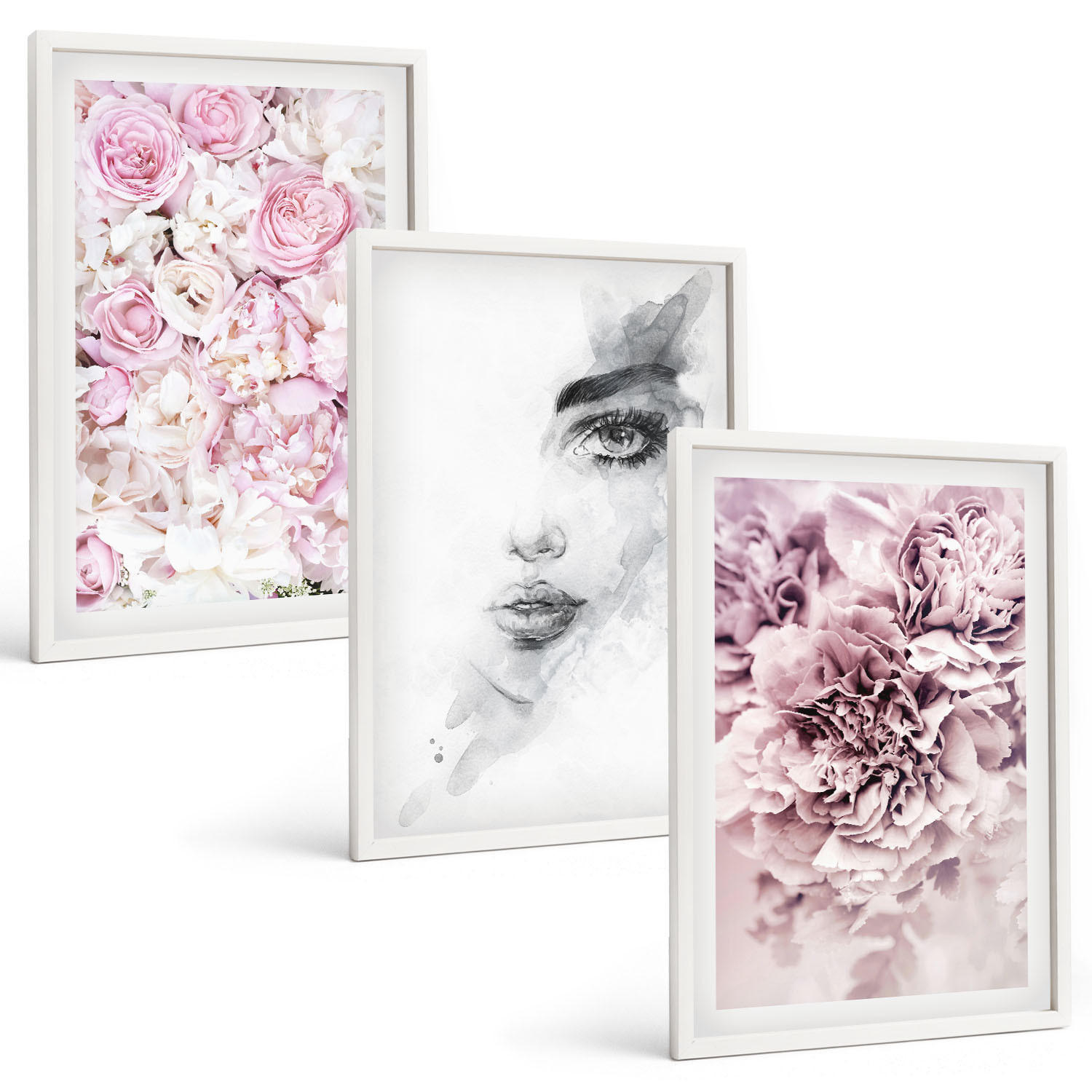 BILDER SET 3er Set - 40x60 cm Weißer Rahmen - Pfingstrosenporträt einer Frau in Schwarzweiß - Weiß, Kunststoff (40/60cm) - TULUP