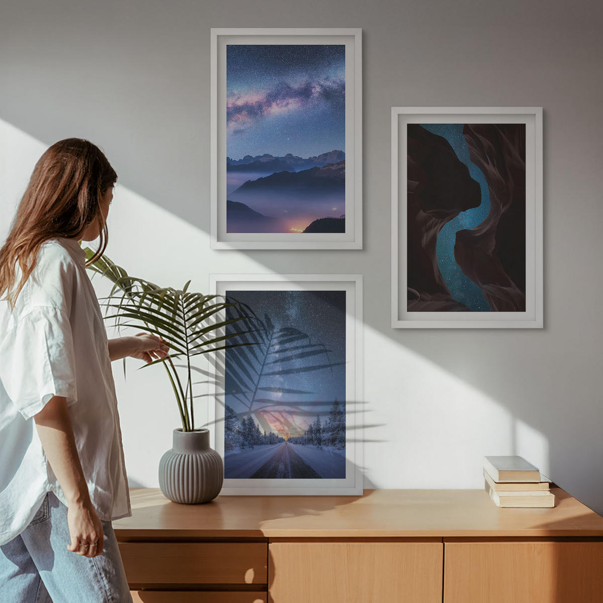 WANDBILDER 3er-Set - 40x60 cm Weißer Rahmen - Nachthimmel, Berge, Winterlandschaft - Weiß, Kunststoff (40/60cm) - ArtPrintCave