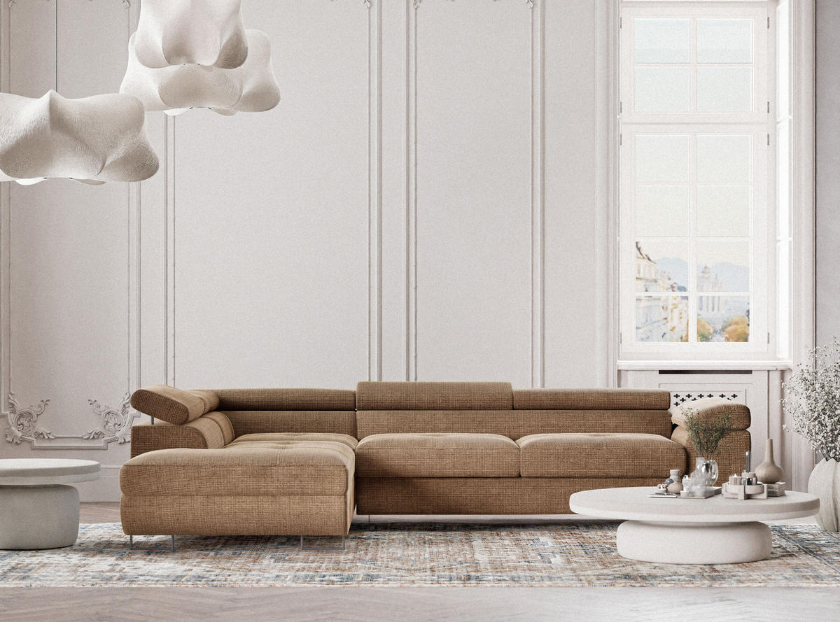 ECKSOFA Concord Hellbraun Chenille-Stoff - Links Seite - Hellbraun/Schwarz, Holz/Holzwerkstoff (203/277cm) - Maison de Reve