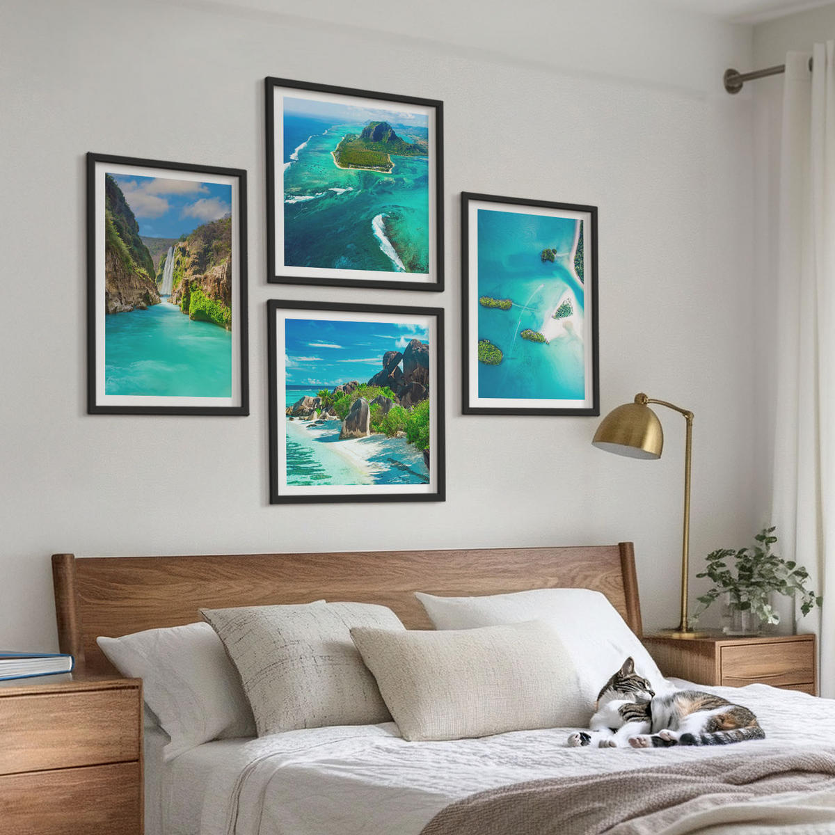 WANDBILDER 4er-Set - 50x50 cm & 40x60 cm Schwarzer Rahmen - Tropische türkisfarbene Inseln - Schwarz, Kunststoff (50/50cm) - ArtPrintCave