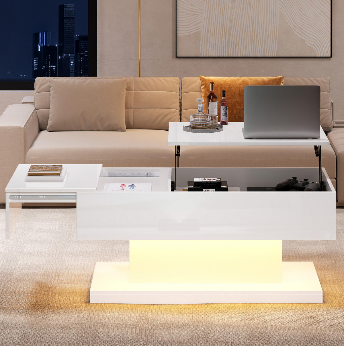 COUCHTISCH aus Spanplatte 100x50x45 cm in Weiß mit Liftfunktion & LED - Weiß, Holzwerkstoff (100/50/45cm) - Modfu