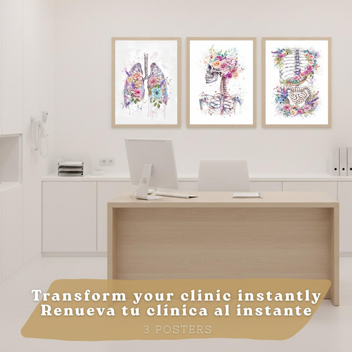 POSTER Set aus 3 Anatomie Drucke und Dekorative mit Skelett Schädel Wirbelsäule Rippen Lungen und Verdauungssystem Künstlerischer Größe Rahmenlos A3 - Klar, Papier (29.7/42/3cm) - Nacnic