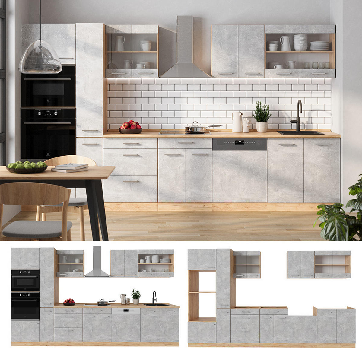 KÜCHENZEILE R-Line Beton/Goldkraft Eiche 350 cm , AP Anthrazit - Honigeiche/Grau, Holzwerkstoff (350/81.6/60cm) - Vicco