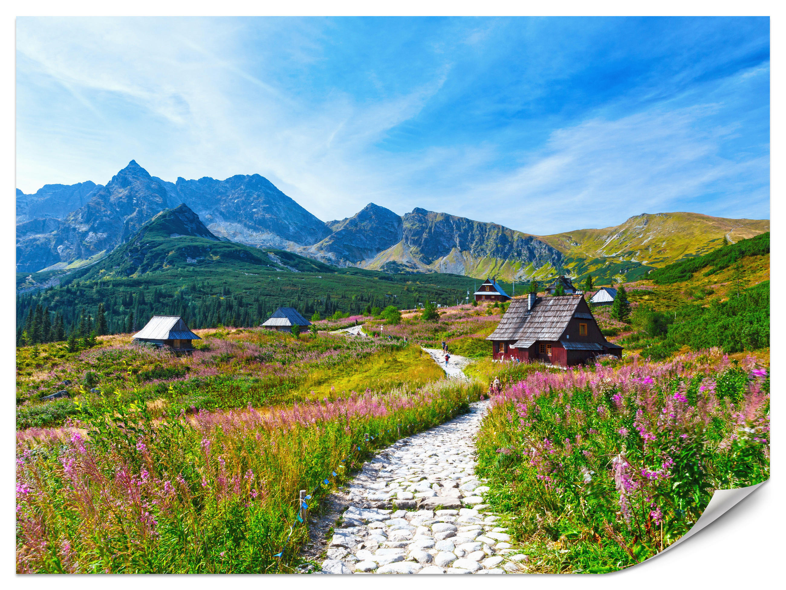 FOTOTAPETA Pre Obývaciu Izbu Kamenný Chodník Hory Stromy Rastliny Domy 100 x 70 cm - sivá/zelená, papier (100/70cm) - Muralo