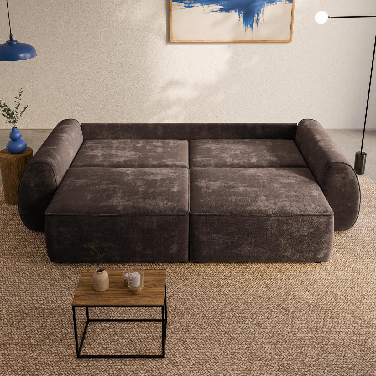 BETTSOFA ZEFEO Braun Chenille-Stoff mit Schlaffunktion - Braun, Textil (264/96/106cm) - MASSENO
