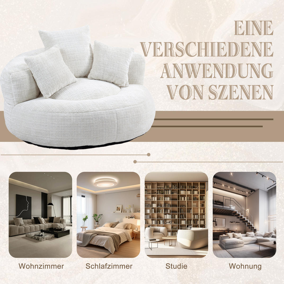 LAZY SOFA– Hoher Rücken & 3 Kissen (Beige Chenille) - Beige, Textil (108/52/108cm) - Urban Meuble