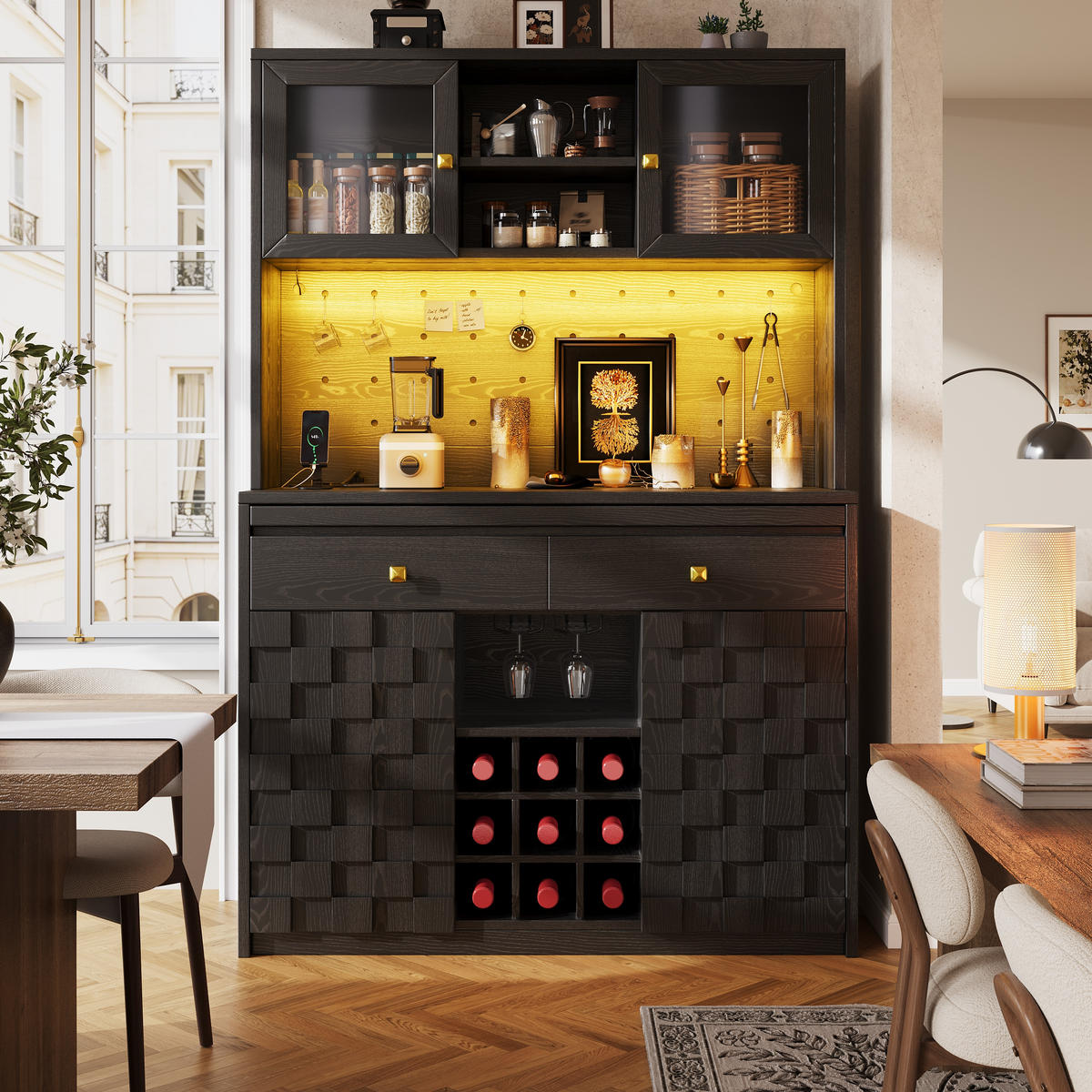 HIGHBOARD Schwarz 120×40×178 cm mit Acrylfront, RGB-LED, Lochwand und Weinflaschenhalter aus Holzwerkstoff und Acryl - Schwarz, Holzwerkstoff (120/178/40cm) - Luhomfu