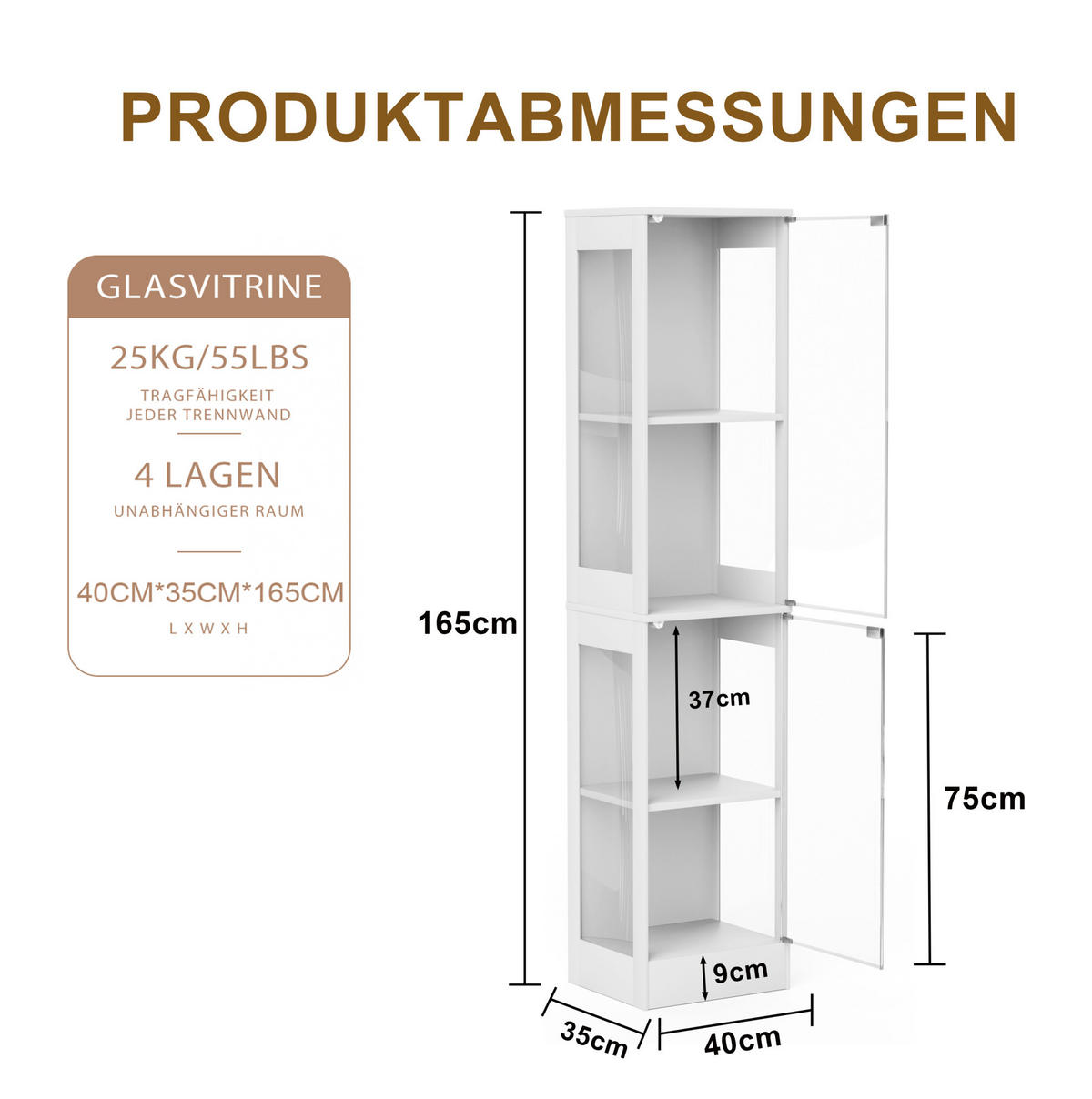 VITRINE 40/35/165 cm mit LED-Beleuchtung, Glastüren und Bewegungssensor, Weiß - Weiß, Holzwerkstoff (40/165/35cm) - Redom