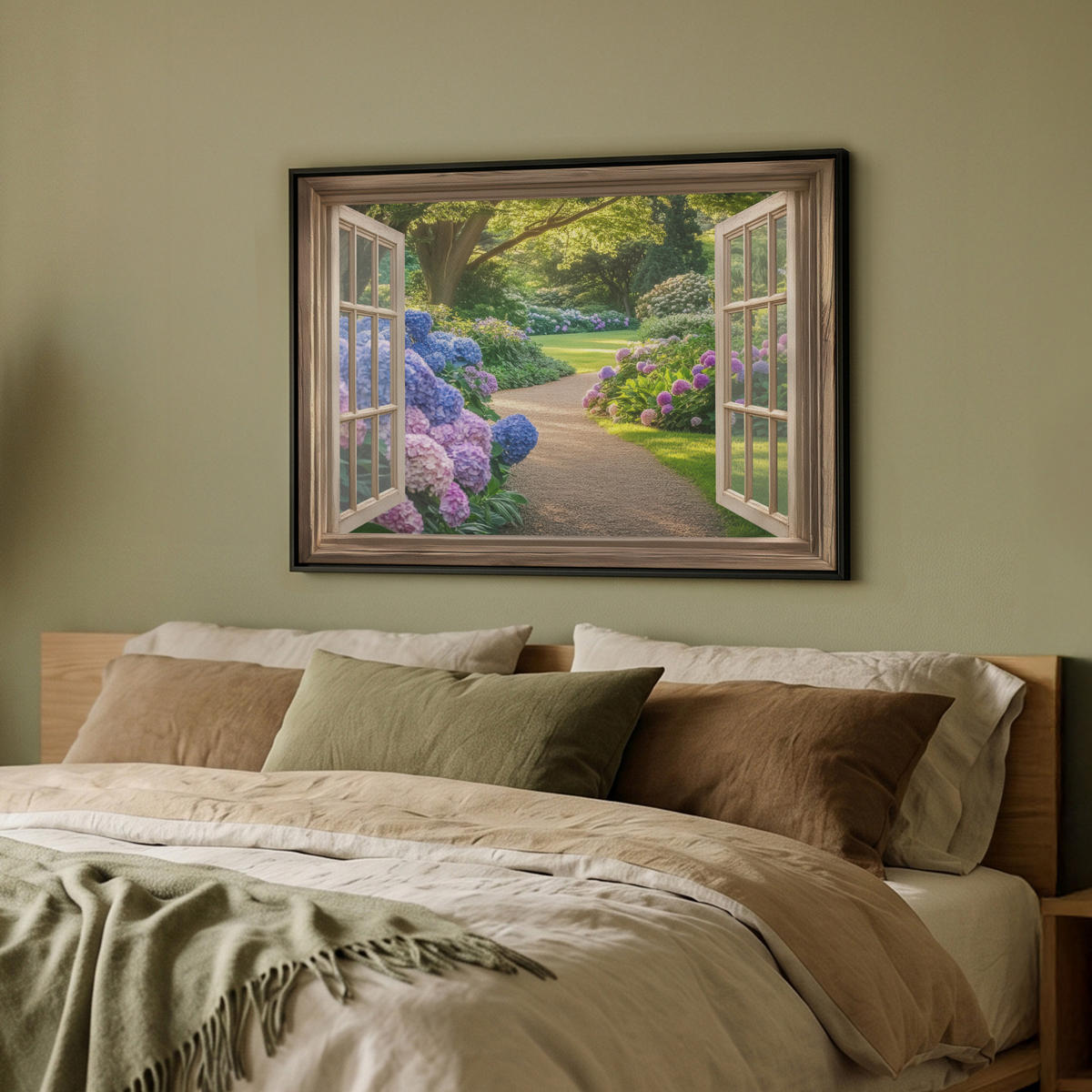 LEINWAND Bilder mit Rahmen - Aussicht - Garten - Fenster - Hortensie - Blumen - 70x50 - Pastellblau, Textil (70/50cm) - MuchoWow