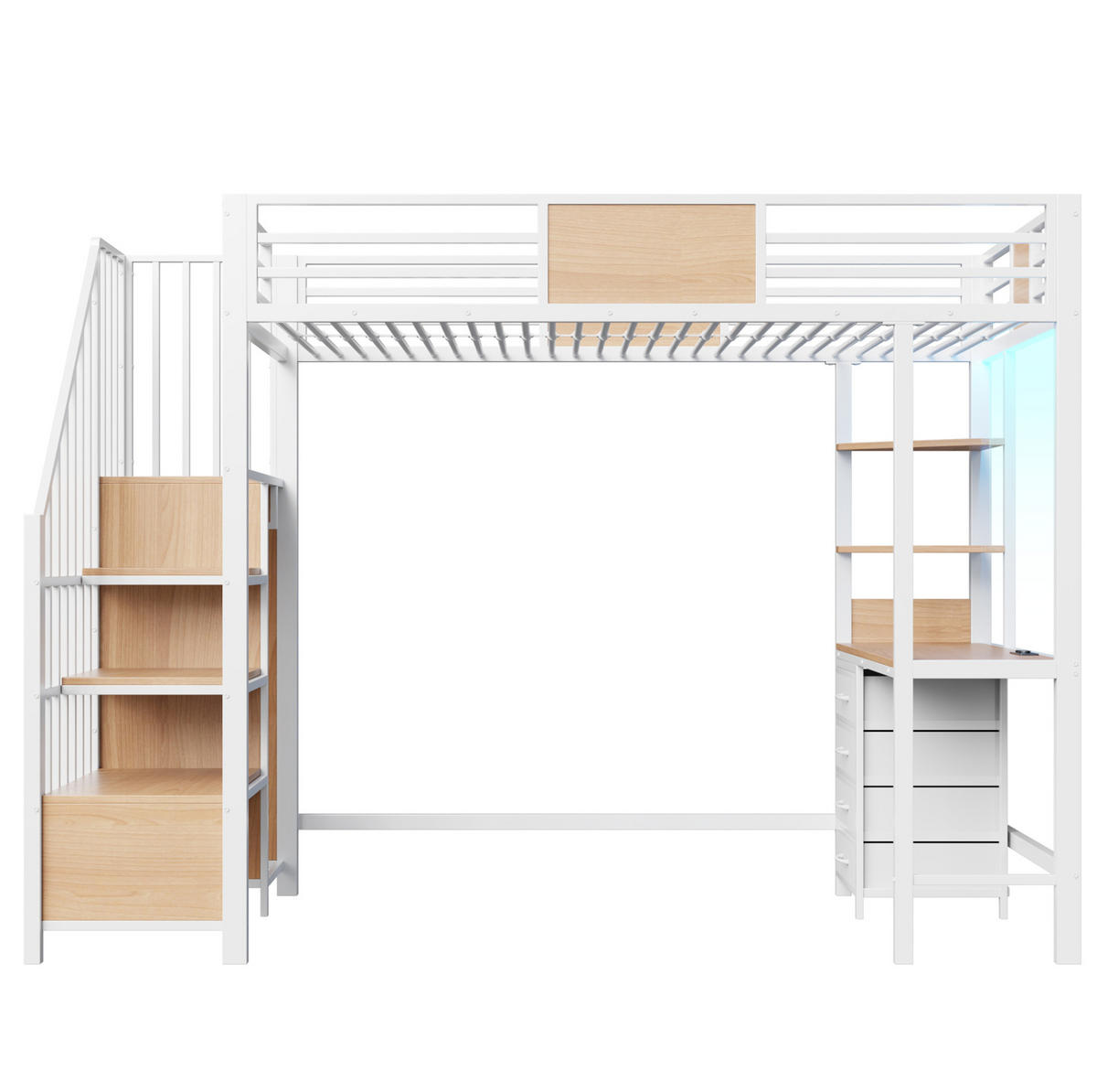 HOCHBETT 90/200 cm mit Schreibtisch, Ablagefächern, Kleiderstange, LED-Beleuchtung und Steckdose, Weiß - Weiß, Metall (90/200cm) - Redom
