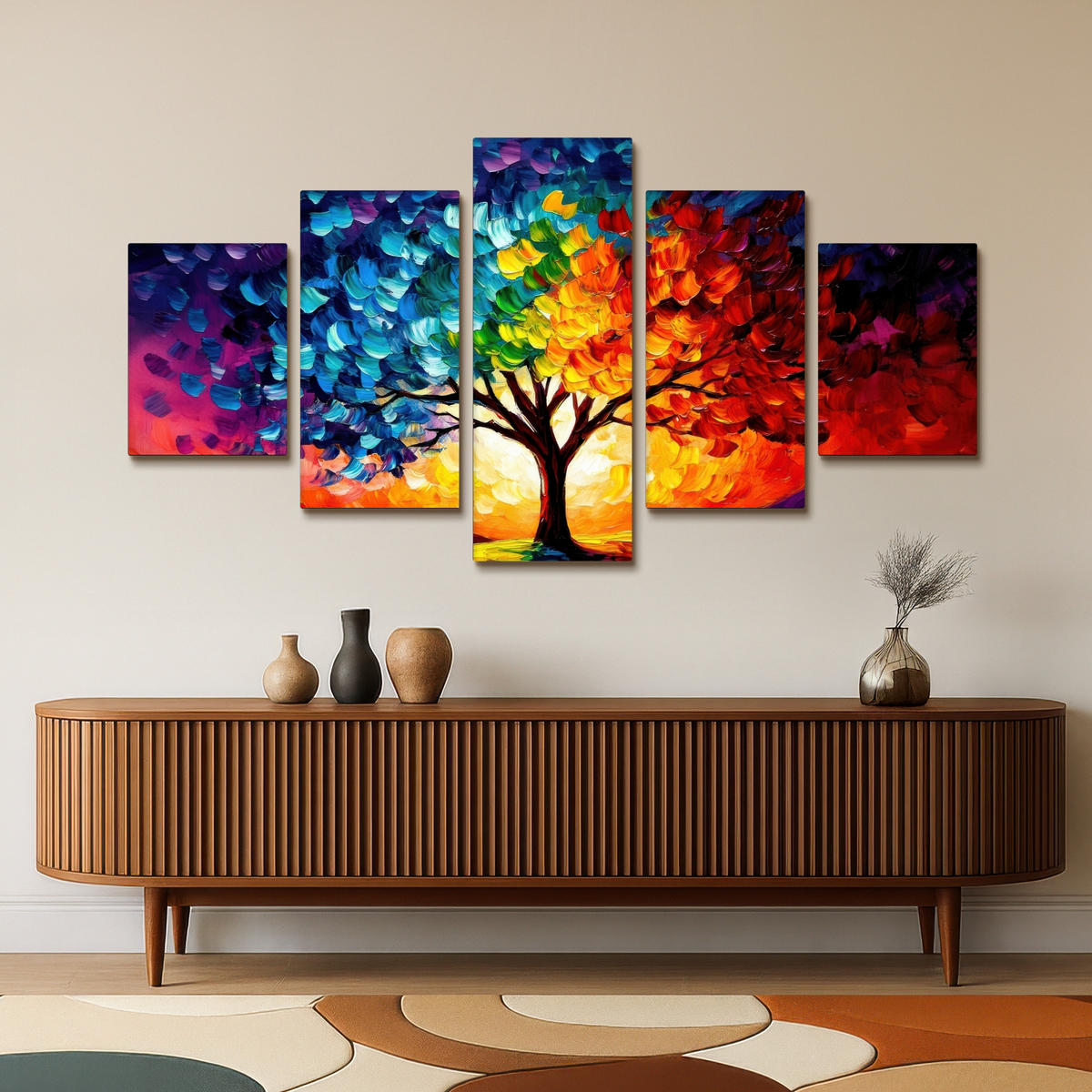 LEINWANDBILD 5er Set Baum - Farbenfroh - Malerei-Look - Abstrakt 150x80 cm - Multicolor, Textil (150/80cm) - MuchoWow