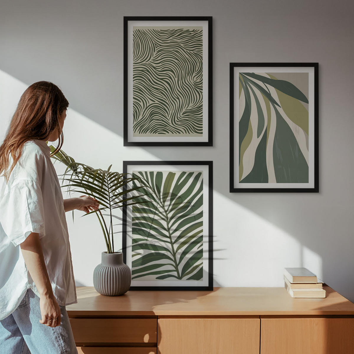 BILDER SET 3er Set - 40x60 cm Schwarzer Rahmen - Blätter mit wellenförmigen grünen Linien - Schwarz, Kunststoff (40/60cm) - TULUP