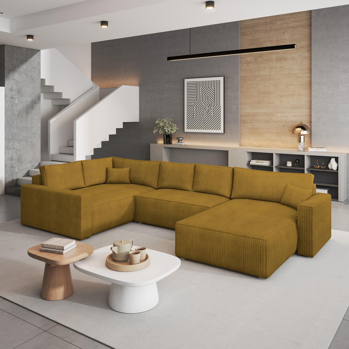 WOHNLANDSCHAFT VELAMI L-S Gelb Kordstoff mit Schlaffunktion - Gelb, Holz (365/83/194cm) - MASSENO