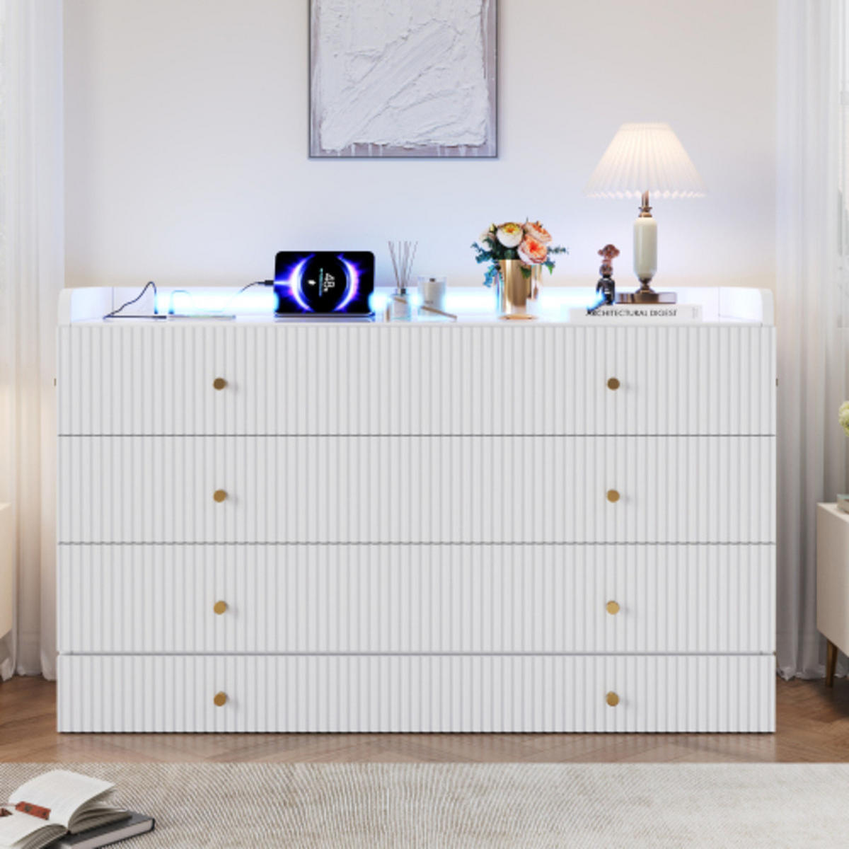 SCHRANKBETT 140 × 200 cm aus MDF und Spanplatte mit LED-Beleuchtung, USB-Anschluss und Stauraumschubladen, weiß - Weiß, Holzwerkstoff - Luhomfu