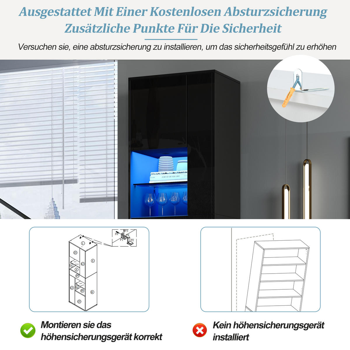 VITRINE LED Hochglanz Glas 1 Schublade 4 Türen Schwarz - Schwarz, Holzwerkstoff (55/170/38cm) - FLIEKS