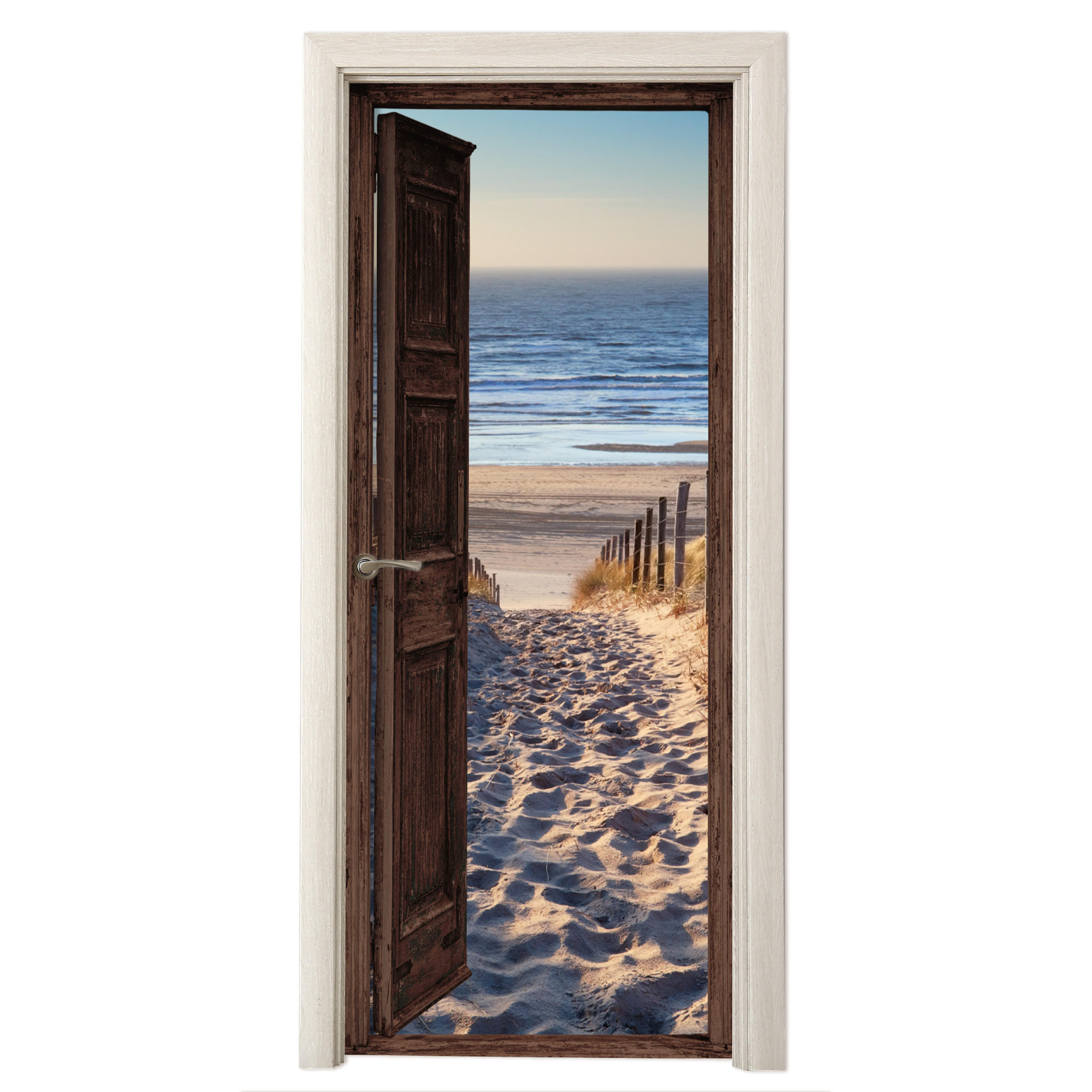 FOTOTAPETE Tür - Fensterblick - Strand - Meer - Weg - Dünen 80x205 cm - Sandfarben, Kunststoff (80/0.1cm) - MuchoWow