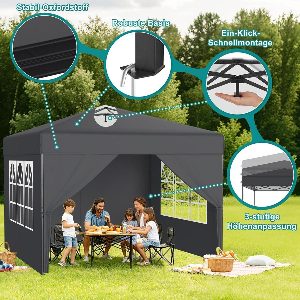 FALTPAVILLON 300 x 300 cm Anthrazit mit Seitenwänden - Anthrazit, Textil (300/260/300cm)