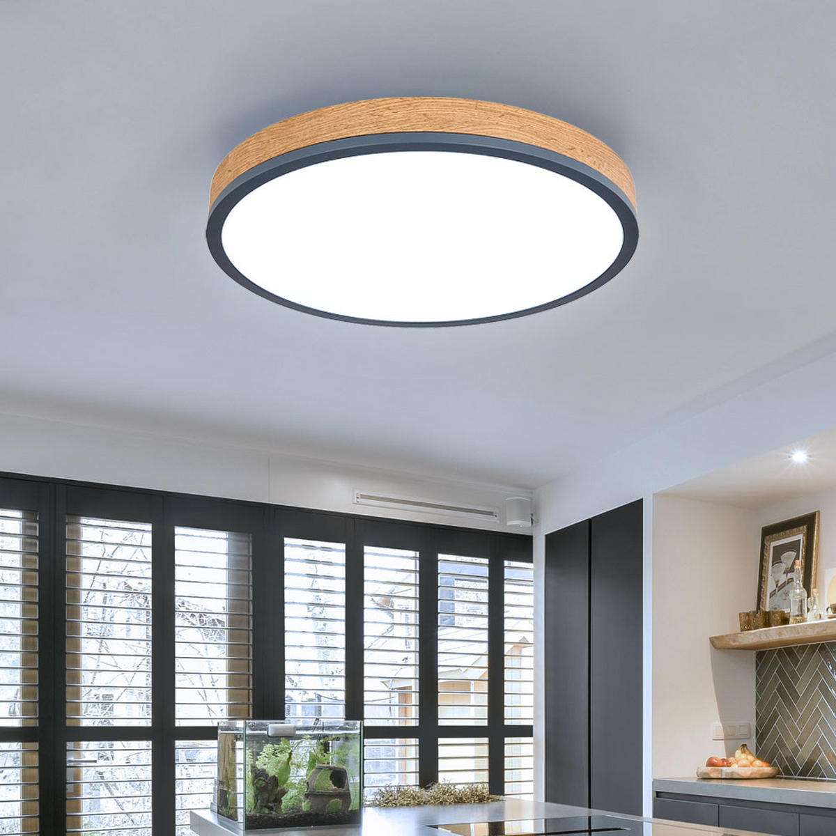 LED DECKENLEUCHTE Holzoptik Braun - Braun, Metall (45/45/8.5cm) - Globo Lighting