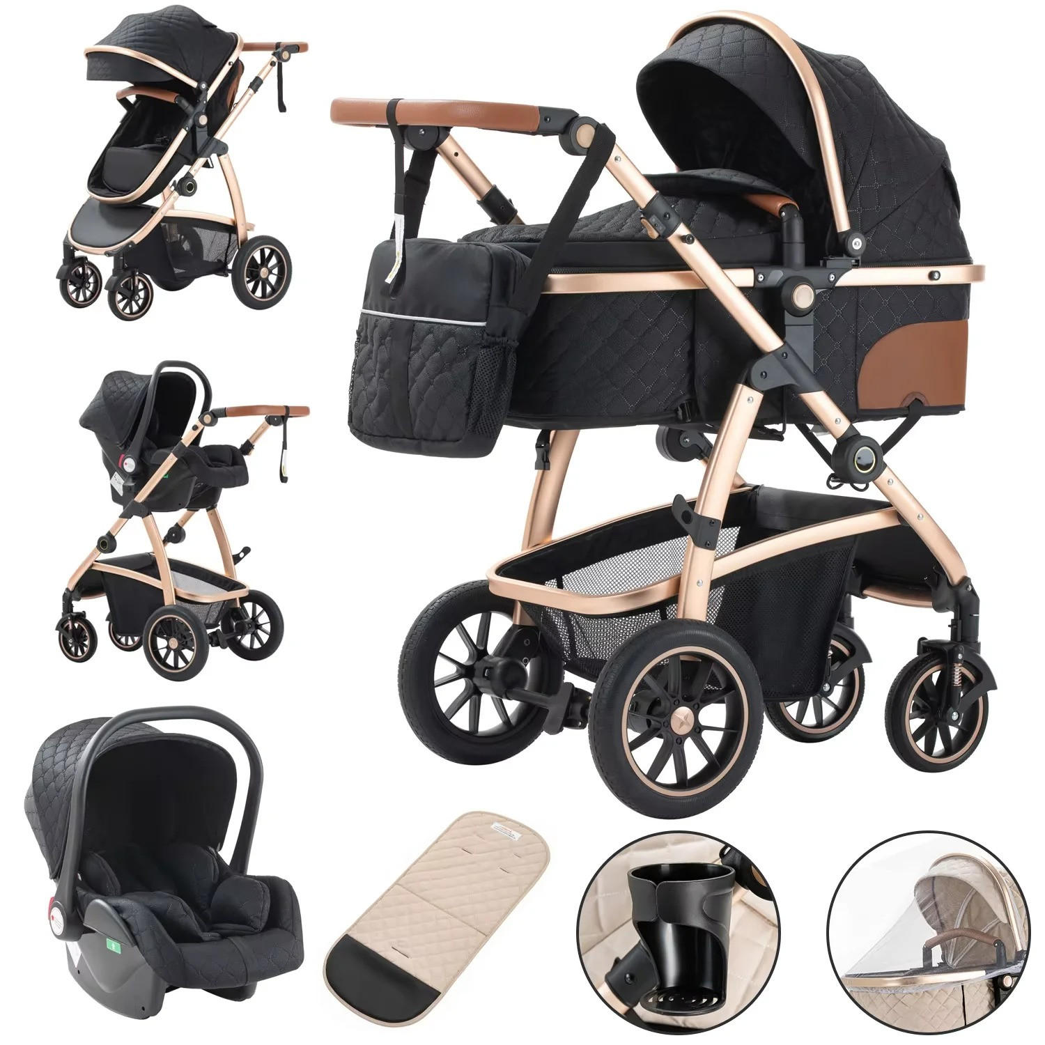KINDERWAGENSET mit hoher Landschaft, verstellbarer Griff, Moskitonetz, Kinderwagen, Aluminiumrahmen, SK20-SCHWARZ - Schwarz, Metall (80/60cm) - Kaket