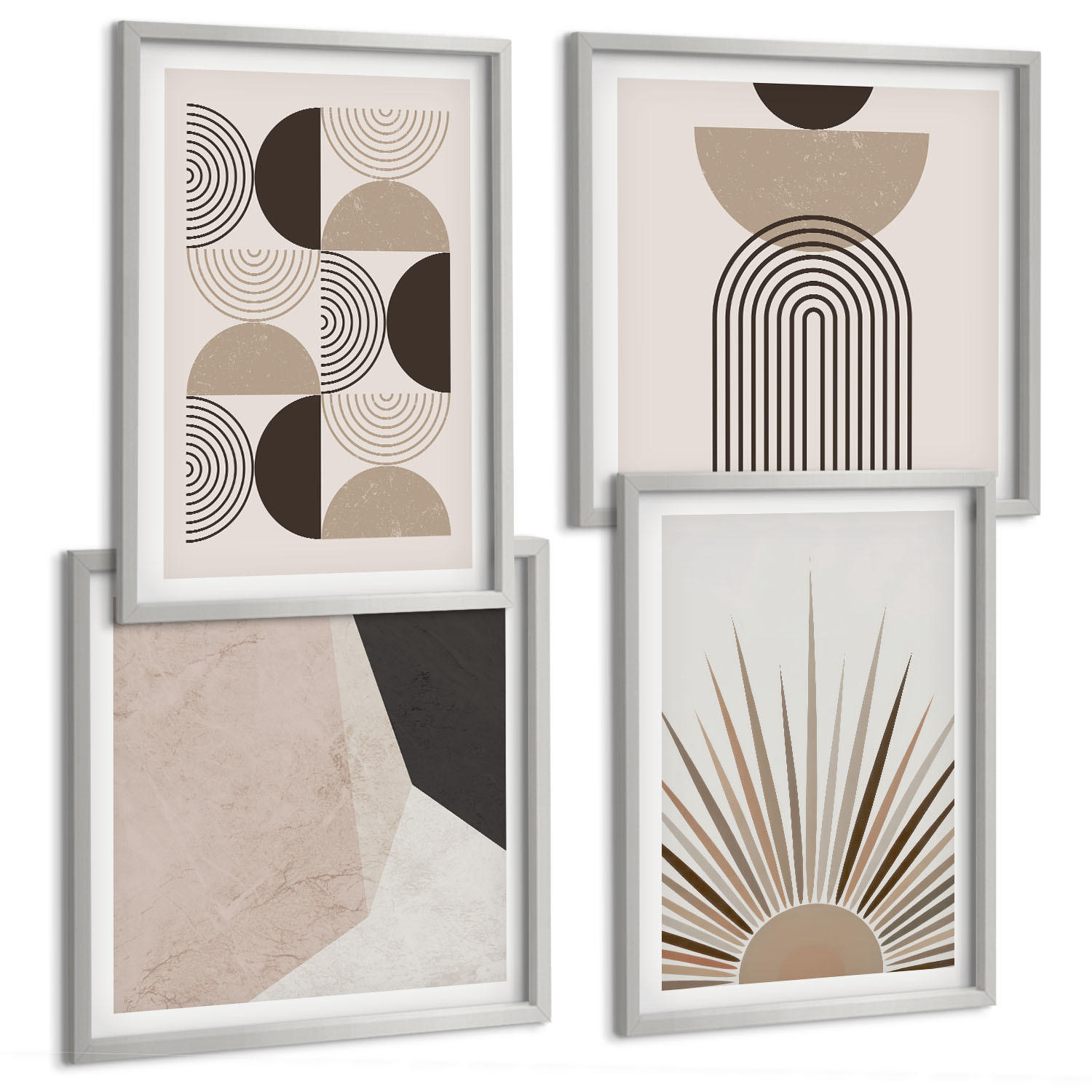 BILDER SET 4er Set - 50x50 cm & 40x60 cm Silberner Rahmen - Abstrakte beige und braune Formen - Silberfarben, Kunststoff (50/50cm) - TULUP