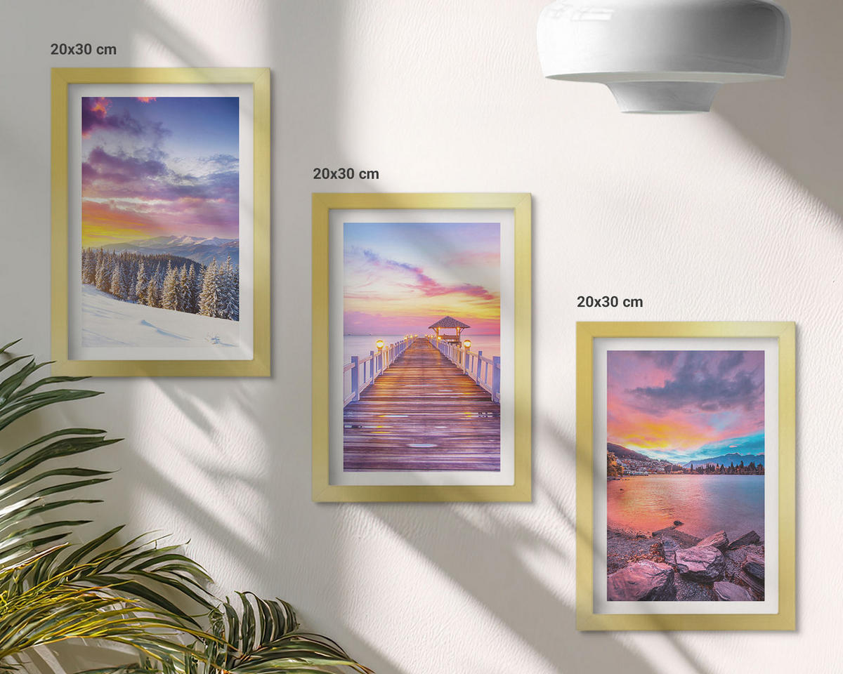 WANDBILDER 3er Set - 20x30 cm Goldrahmen - Winterliche Bergseelandschaft - Goldfarben, Kunststoff (20/30cm) - ArtPrintCave