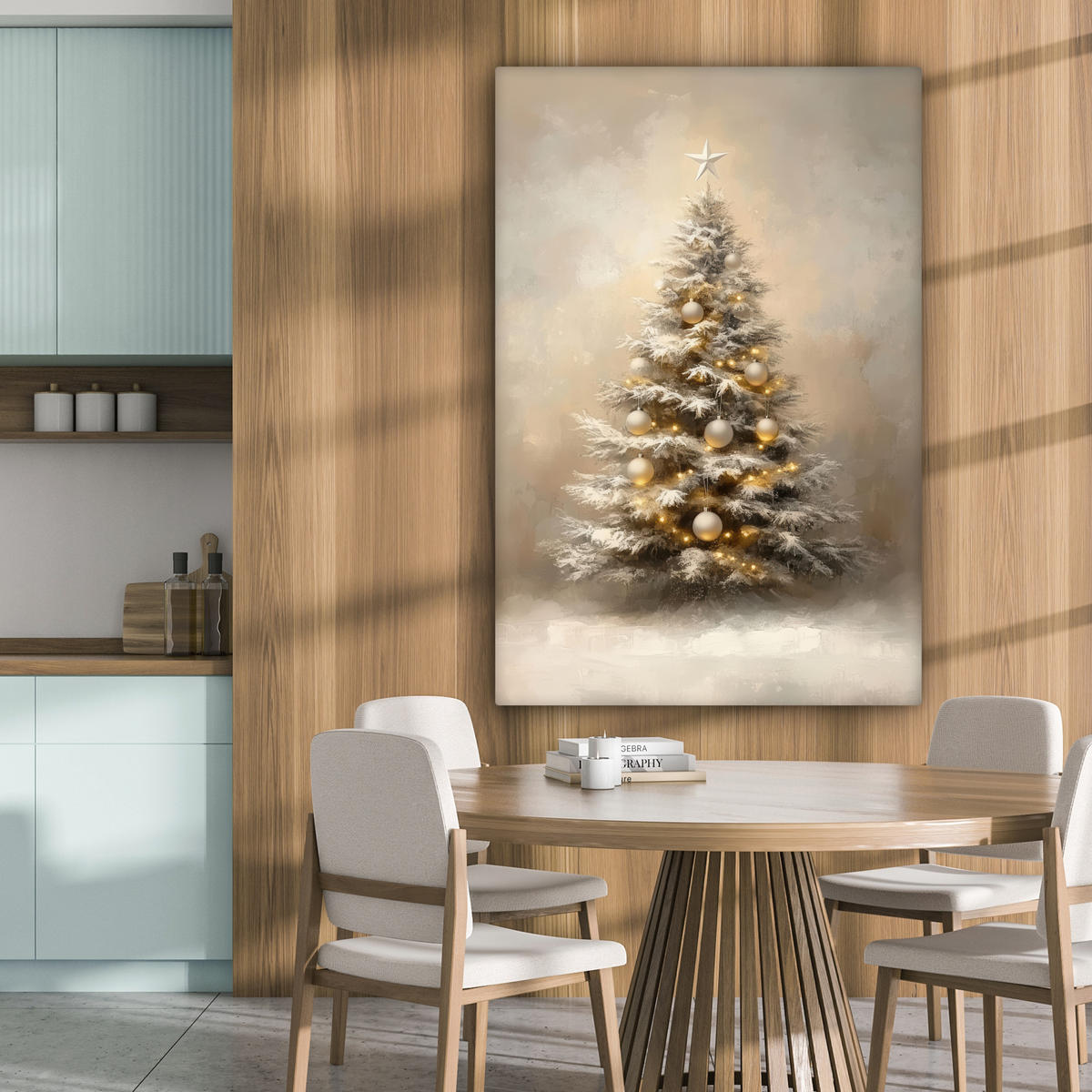 LEINWANDBILD Weihnachten - Weihnachtsbaum - Schnee - Kunst 90x140 cm - Champagner, Textil (90/140cm) - MuchoWow