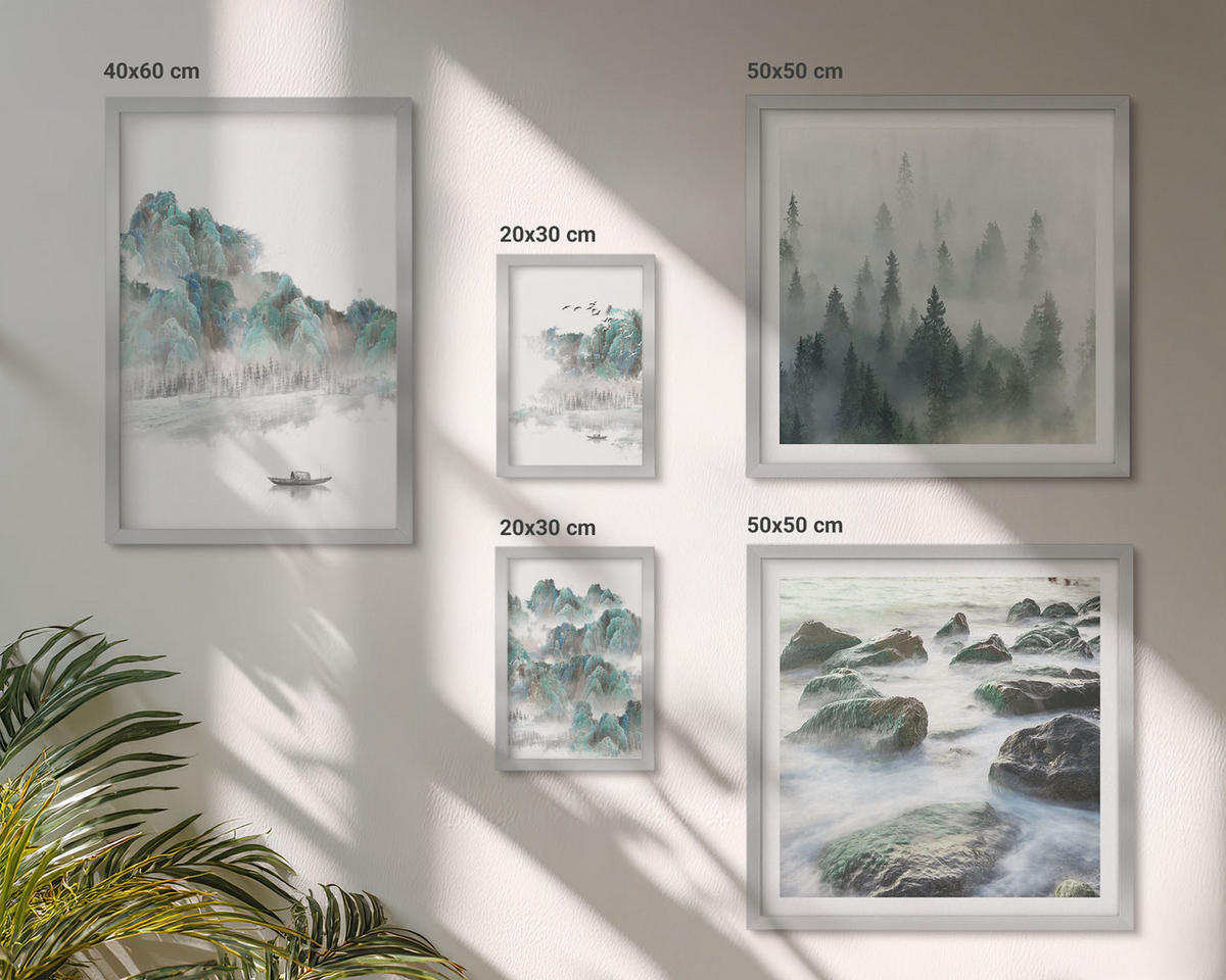 WANDBILDER 5er Set - 50x50 cm & 20x30 cm & 40x60 cm Silberner Rahmen - Sommerwiesenblumen Sonnenuntergang - Silberfarben, Kunststoff (40/60cm) - ArtPrintCave