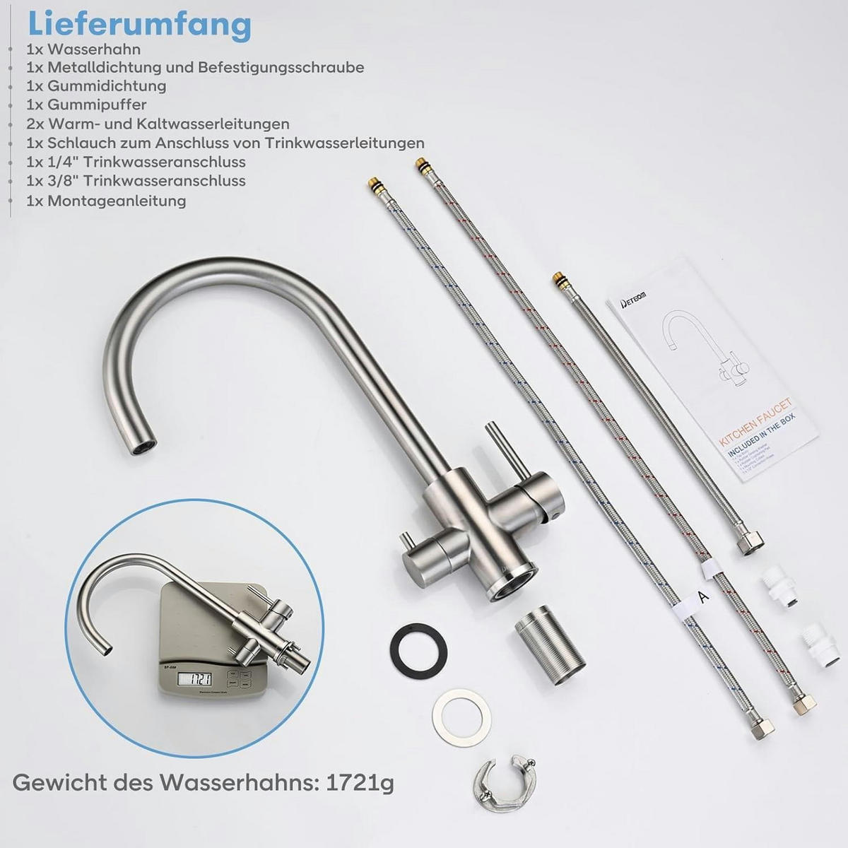 KÜCHENARMATUR 3-Wege mit Trinkwasserfunktion gebürstetes Silber - Silberfarben, Metall (20.6/26.7/39.6cm)