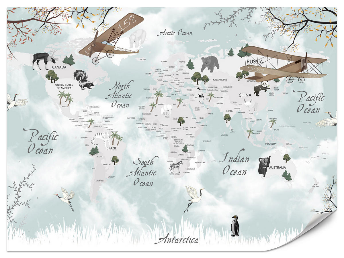 FOTOTAPETE für Kinderzimmer Weltkarte Tiere Flugzeuge Pflanzen 400x280 - Blau/Beige, Papier (400/280cm) - Muralo