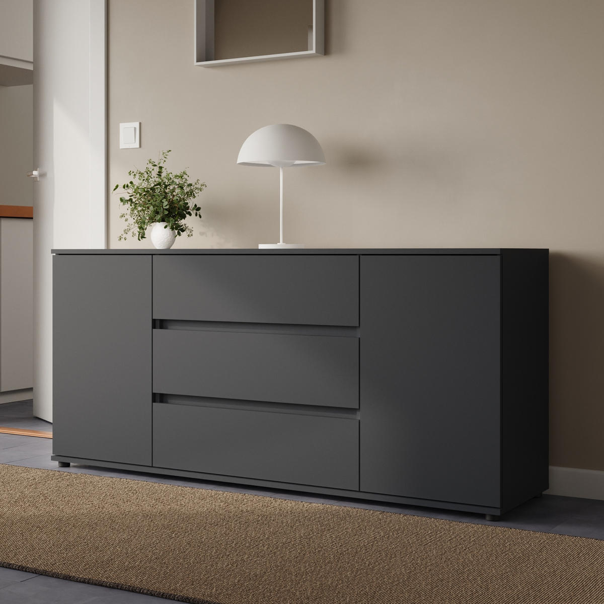 KOMMODE 150 cm Breite mit zwei Türen und drei Schubladen Anthrazit - Anthrazit, Holzwerkstoff (150/70/40cm) - Home Collective