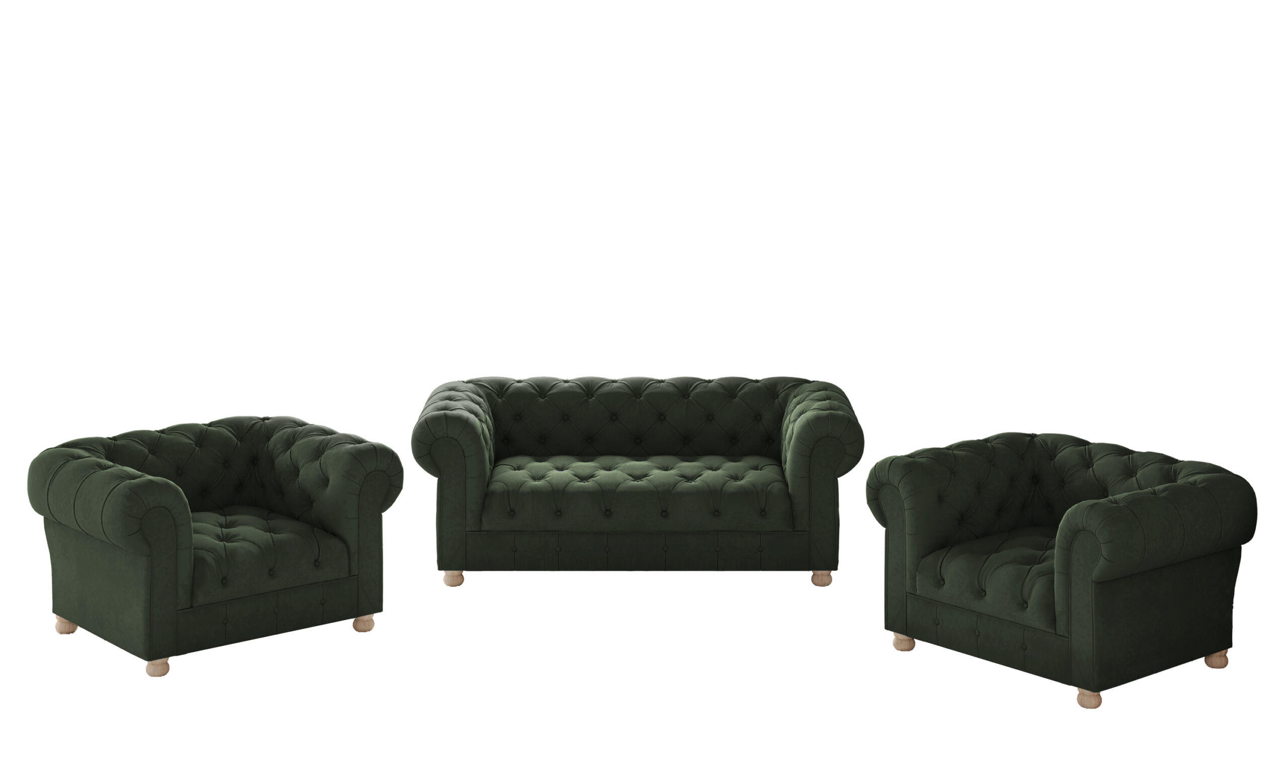 SITZGARNITUR CHESTERFIELD 2+1+1 Elegant Klassisch Schick Stoff Whisper Grün - Grün, Holz (152/77/90cm) - Kaiser Möbel