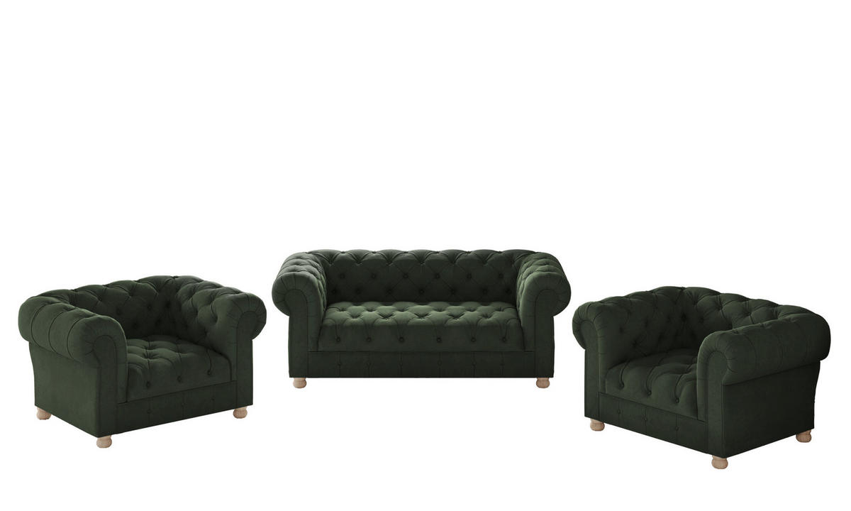 SITZGARNITUR CHESTERFIELD 2+1+1 Elegant Klassisch Schick Stoff Whisper Grün - Grün, Holz (152/77/90cm) - Kaiser Möbel