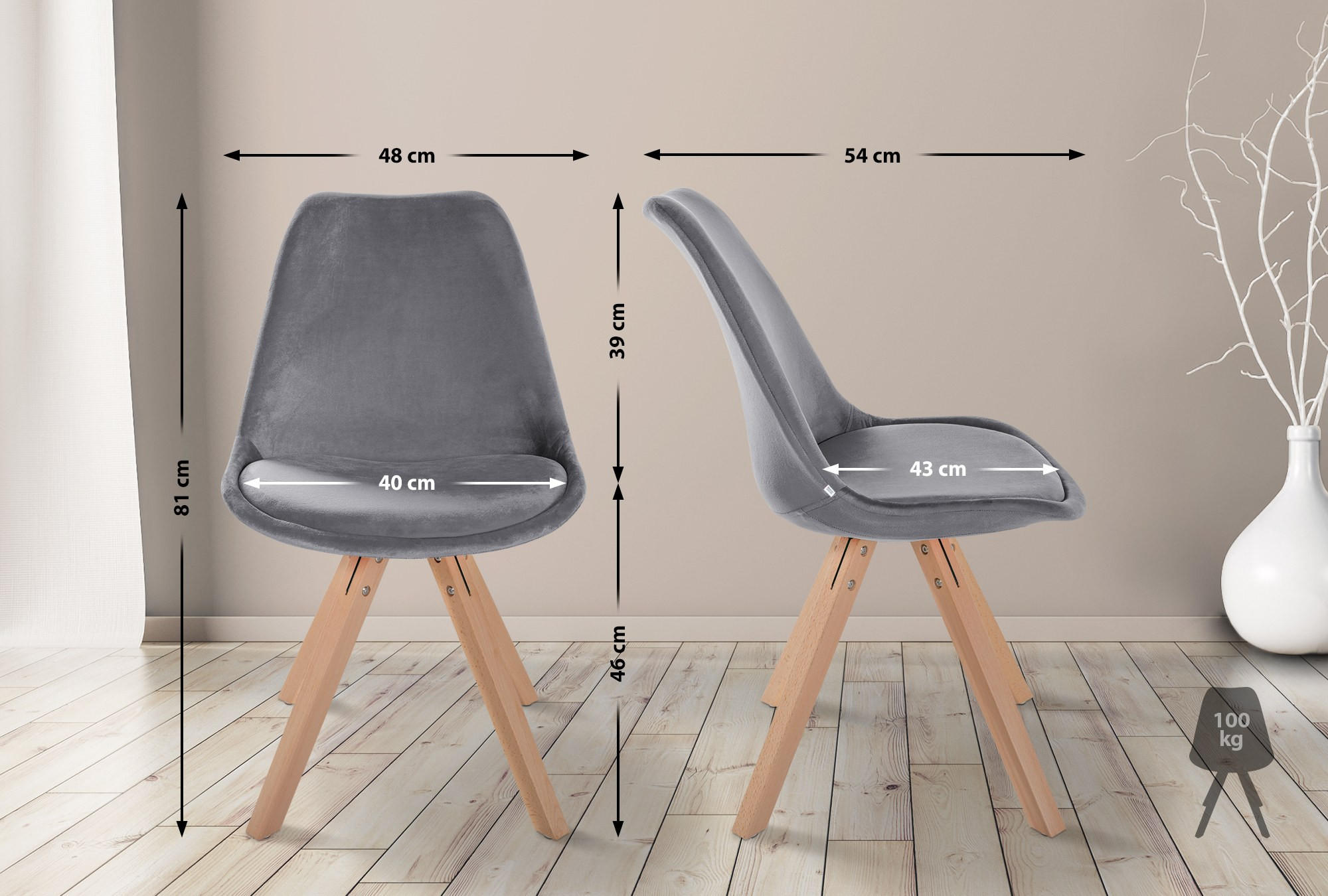 STUHL 4er Set Samt grau - Naturfarben/Grau, Holz/Textil (48/81/54cm) - CLP