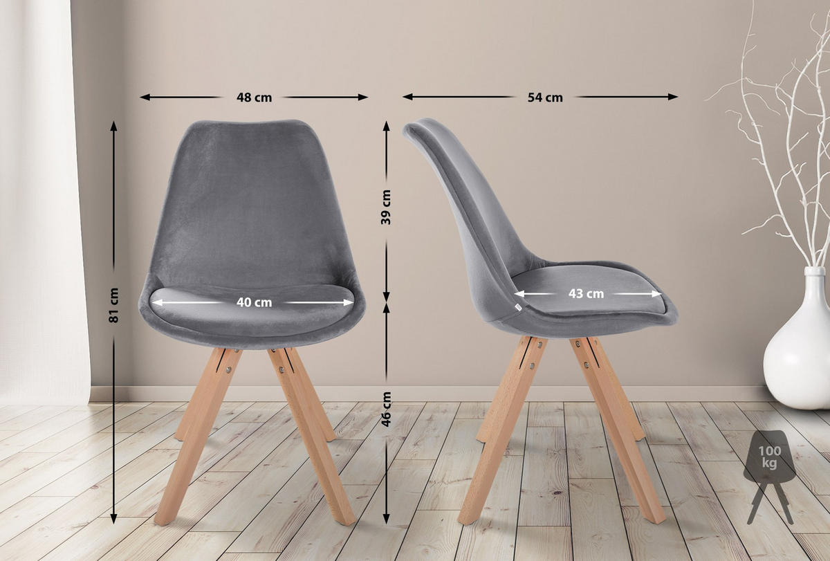 STUHL 4er Set Samt grau - Naturfarben/Grau, Holz/Textil (48/81/54cm) - CLP