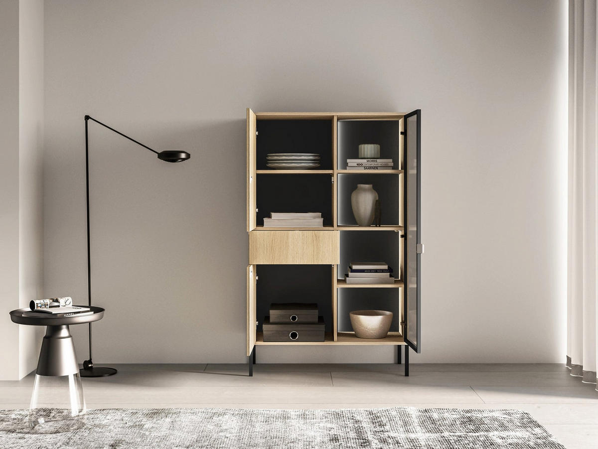 VITRINE Barnee 3-türig Eichenoptik, 92 cm - Beige/Schwarz, Holzwerkstoff/Metall (150/91.6/40cm) - Selsey