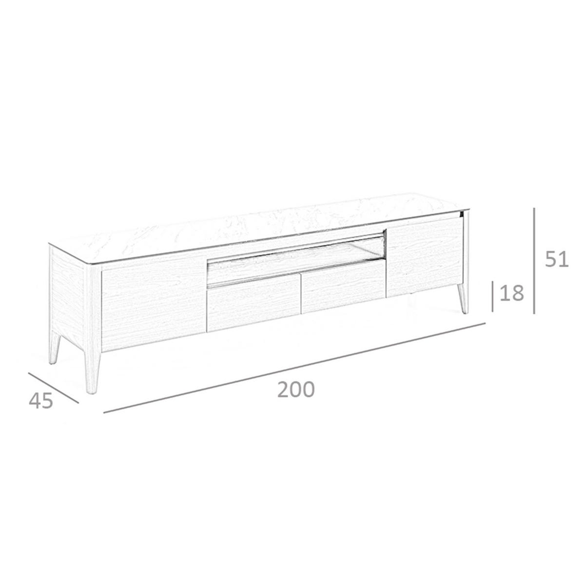 TV-ELEMENT TV-Ständer aus Nussbaumholz mit Glasplatte aus Marmorimitation 200/45/51 cm - Walnussfarben/Weiß, Holz/Stein (200/51/45cm) - ANGEL CERDA