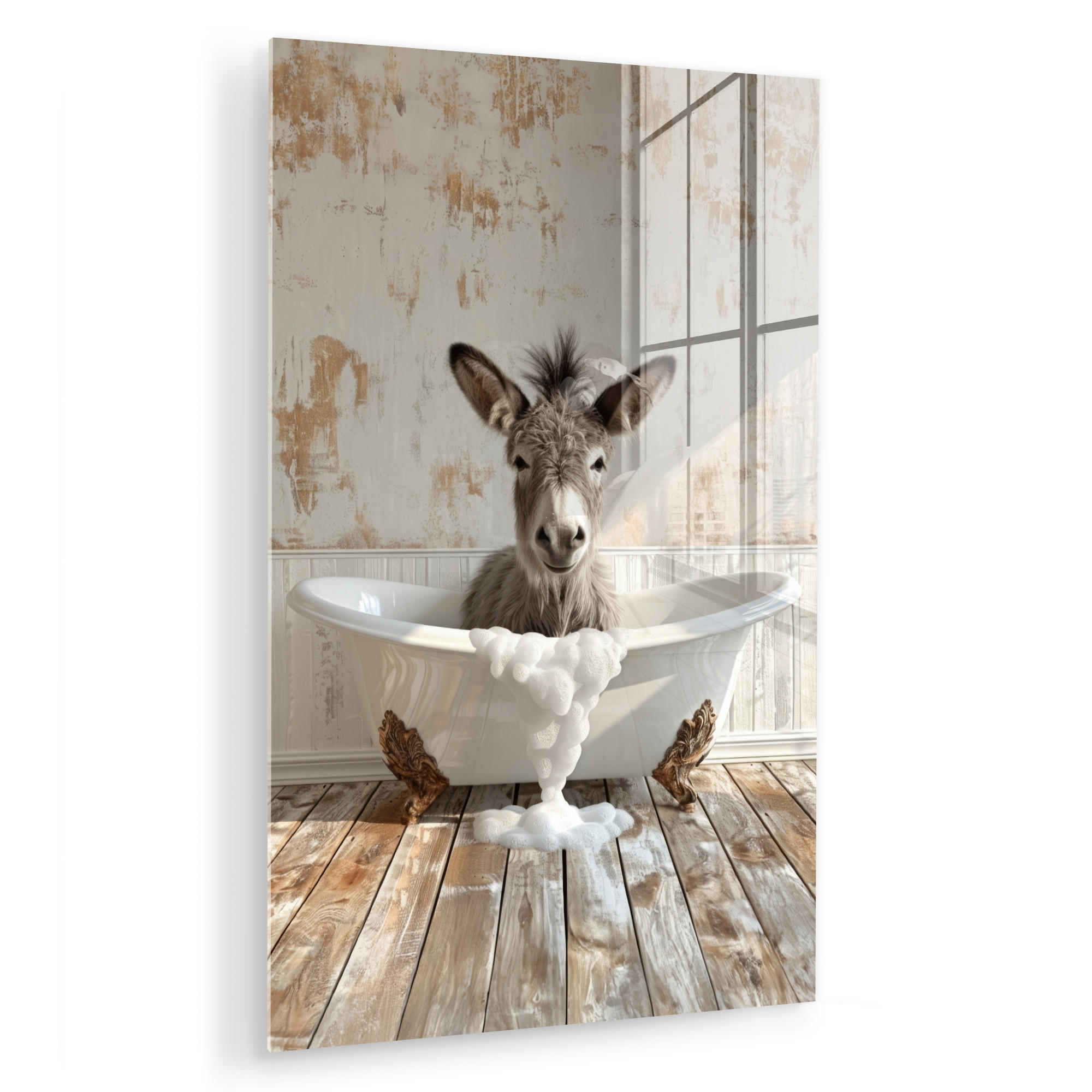 ACRYLGLASBILD Esel - Tiere - Badewanne - Schaumstoff 40x60 cm - Weiß, Glas (40/60cm) - MuchoWow