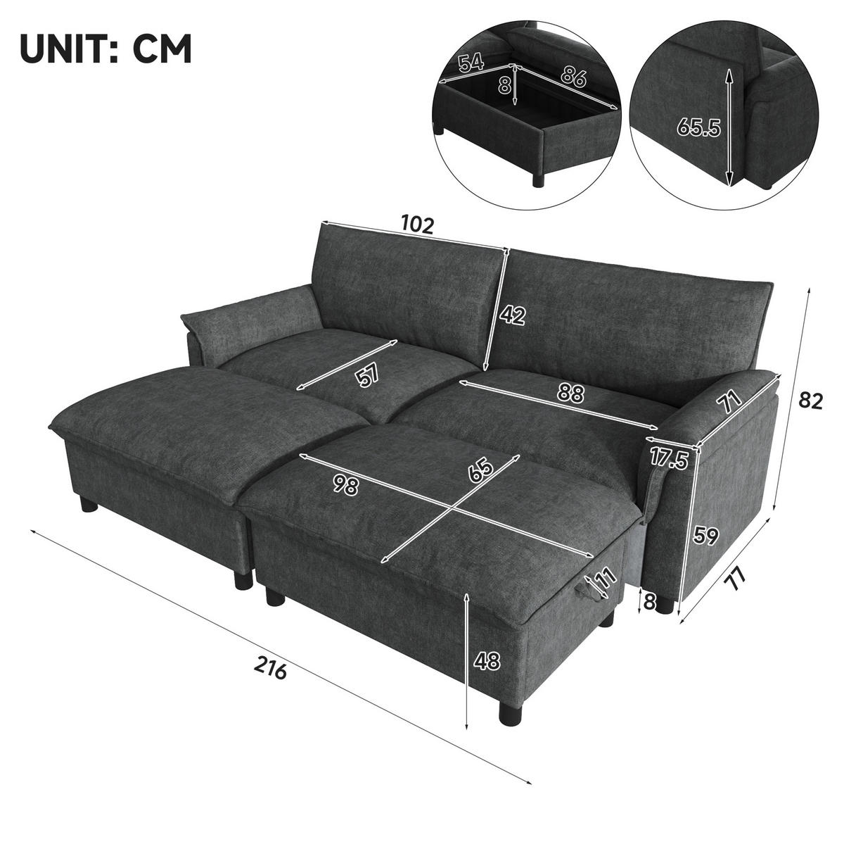 ECKSOFA 216/77/82 cm mit Schlaffunktion, beweglichem Fußhocker und Stauraum, Schwarz - Schwarz, Textil (216/77cm) - Redom