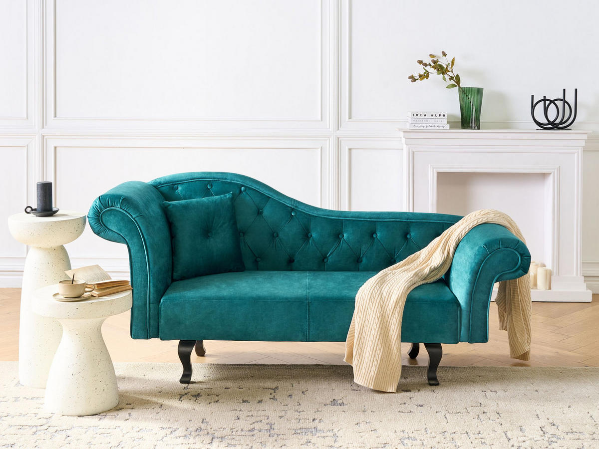 ČALOUNĚNÉ LEHÁTKO CHAISE LONGUE LEVOSTRANNÉ Sametová látka Smaragdově zelené s polštářem Lattes II - smaragdově zelená/zelená barva, textil (192/81/59cm) - Beliani